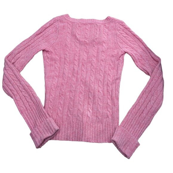 Abercrombie & Fitch Wool Sweater V-Neck Cable Knit Moose Logo Wool Pink Small S - Picture 3 of 9